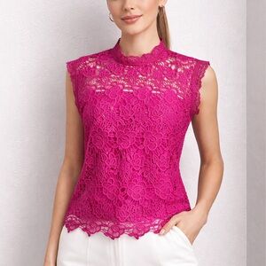 Nanette Lepore Pink Lace Chic Top Sleeveless Mock Neck Floral Summer Blouse M